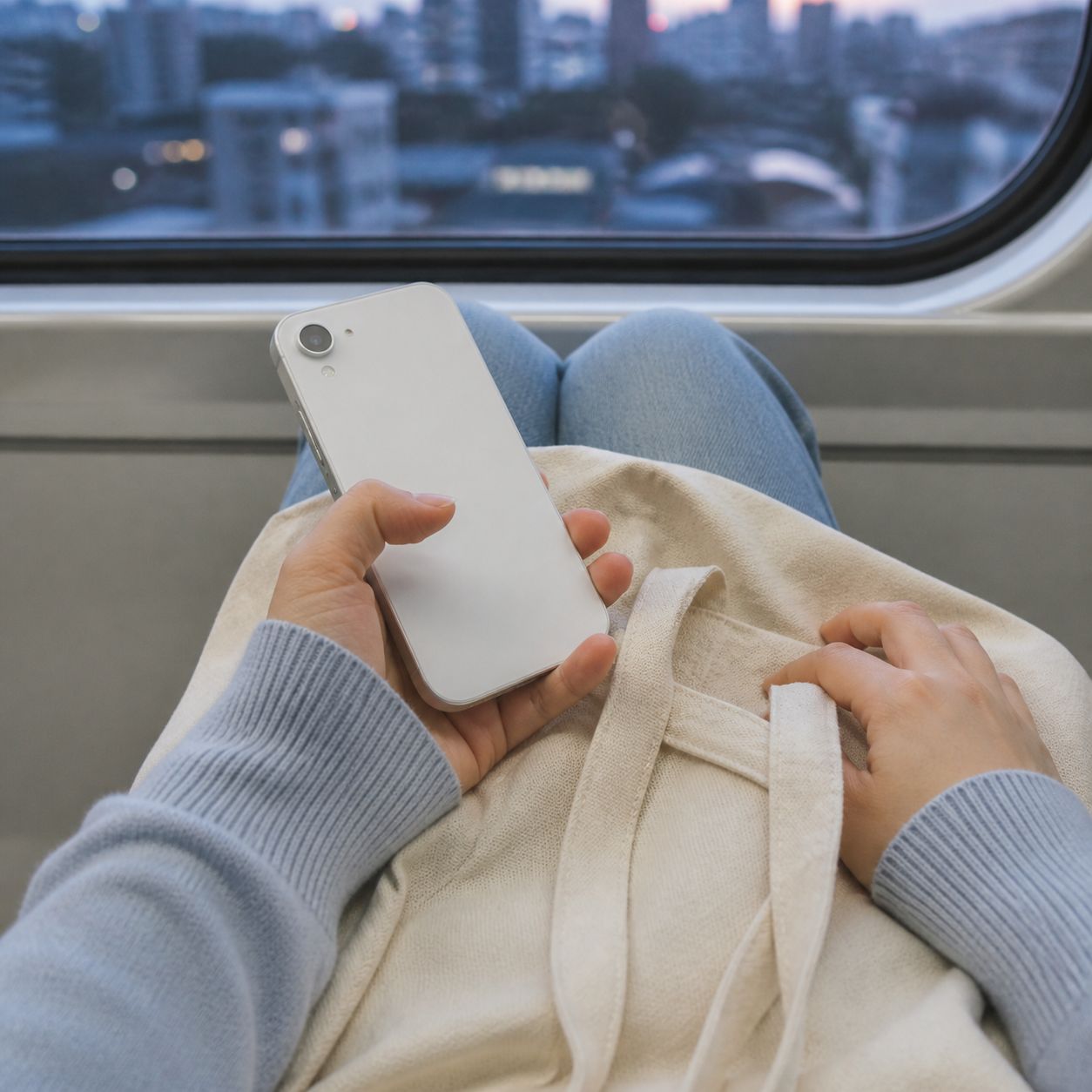 夕方の電車で、膝の上のスマートフォンを持つ手