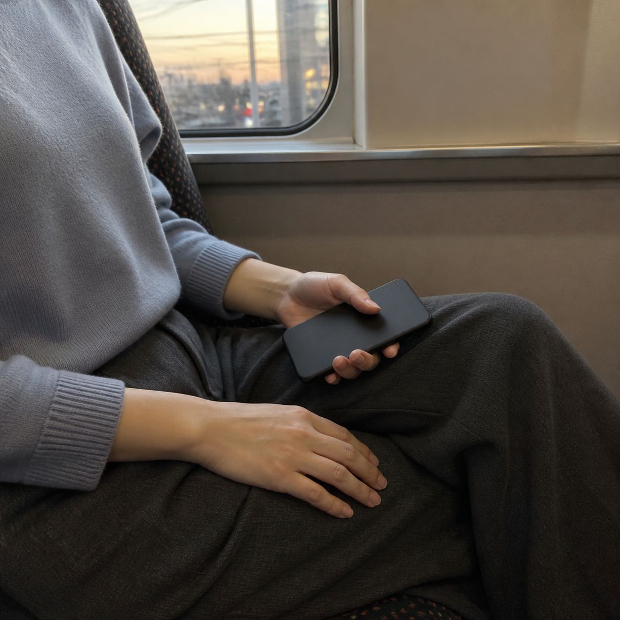 夕方の電車で、画面を伏せたスマートフォンを膝の上に持つ手
