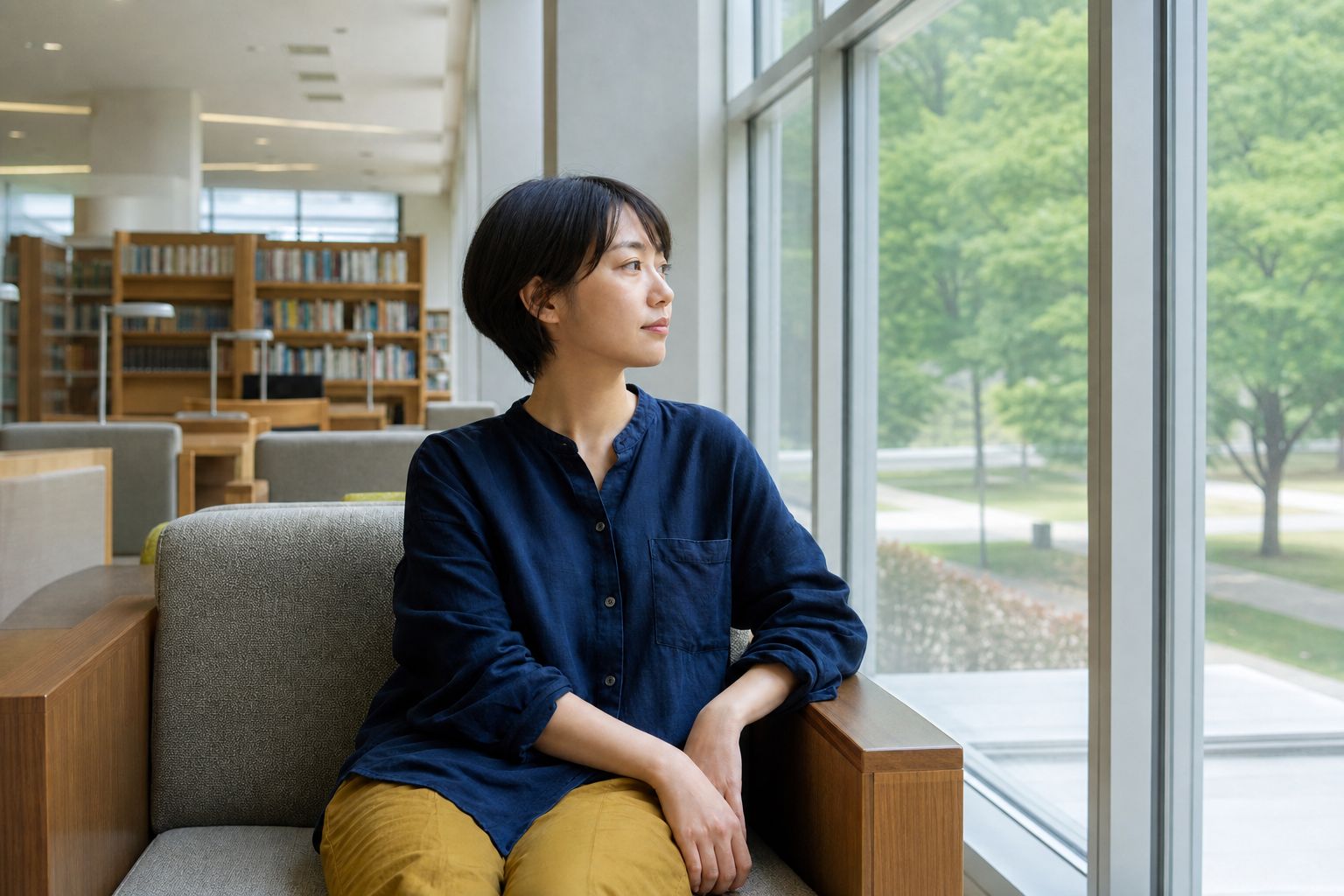 明るい図書館の窓辺で外を見ている人